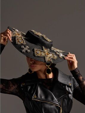 Crucifix Black Wide-Brim Jeweled Cross Hat